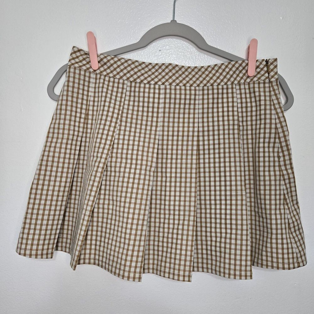ELODIE Women's Size Medium Pleated Mini Skirt Clay Plaid Stretchy